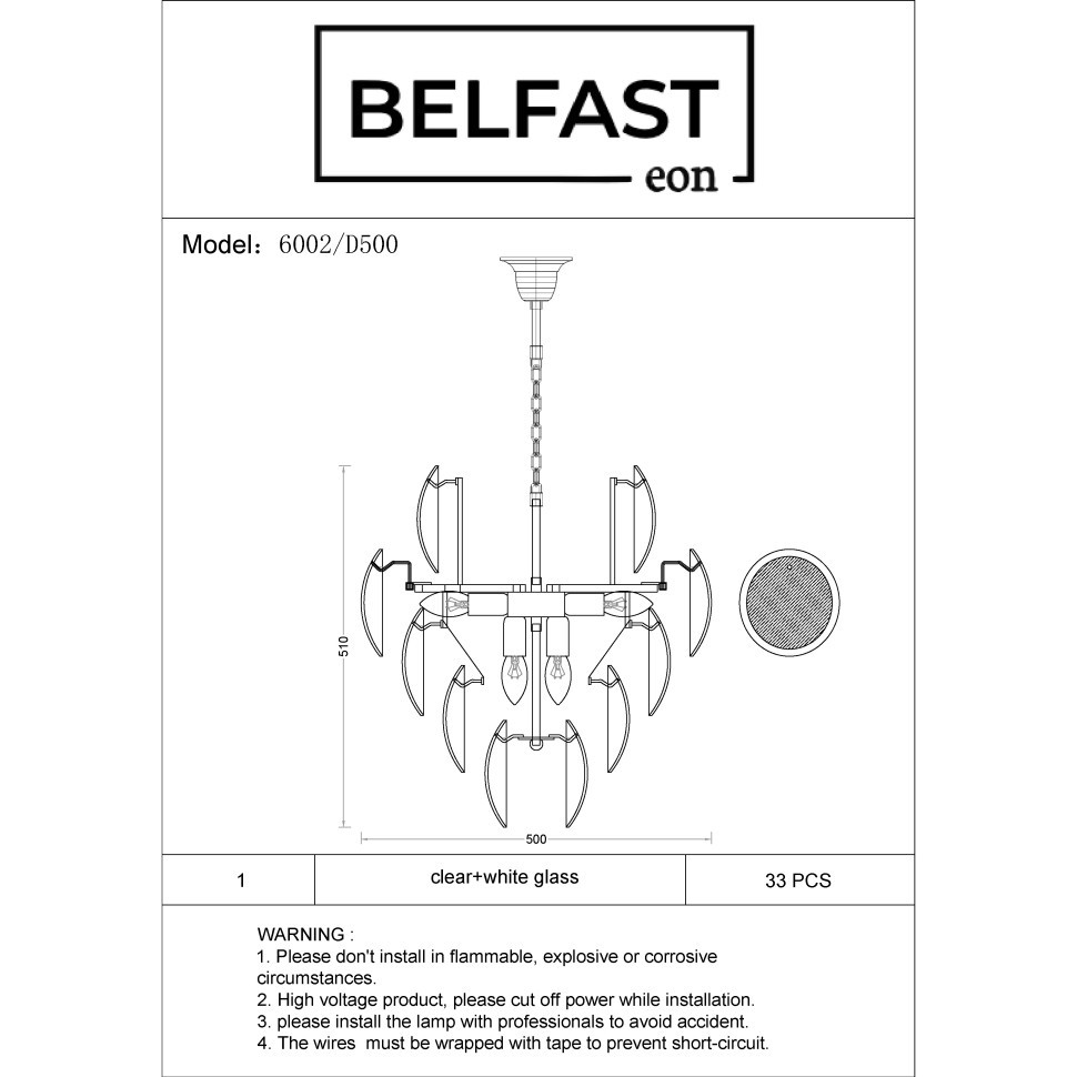 Подвесная люстра Belfast Dublin 6002 / 500 CH WH Хром / Белый